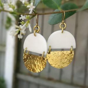 Oval Brass and White Bead Earring