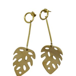 Handcrafted brass earrings , hand cut in the shape of cheese plant leaf on long brass drop