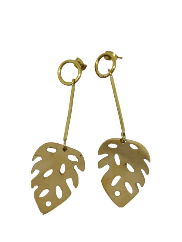 Handcrafted brass earrings , hand cut in the shape of cheese plant leaf on long brass drop