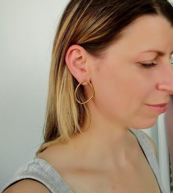 Irregular Oval Hammered Brass Earrings - Image 2