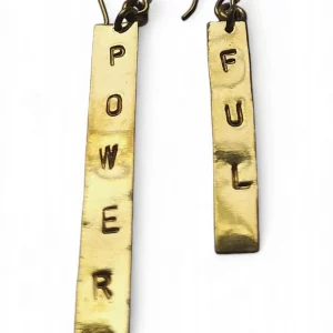 Handcrafted brass earrings from Kenya, stamped with the word POWERFUL
