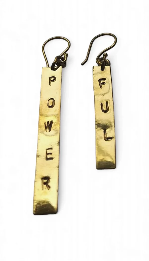 Handcrafted brass earrings from Kenya, stamped with the word POWERFUL
